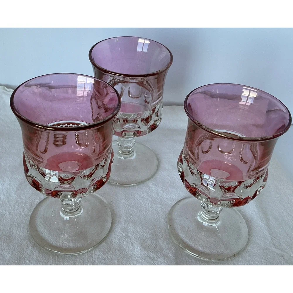 Vintage Pink Cranberry Glass Wine Goblets Thumbprint Set of 3 MCM‎ Style
